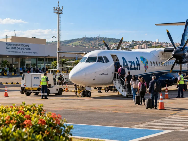 Passageiros embarcando em avião turboélice de companhia aérea regional em aeroporto do interior