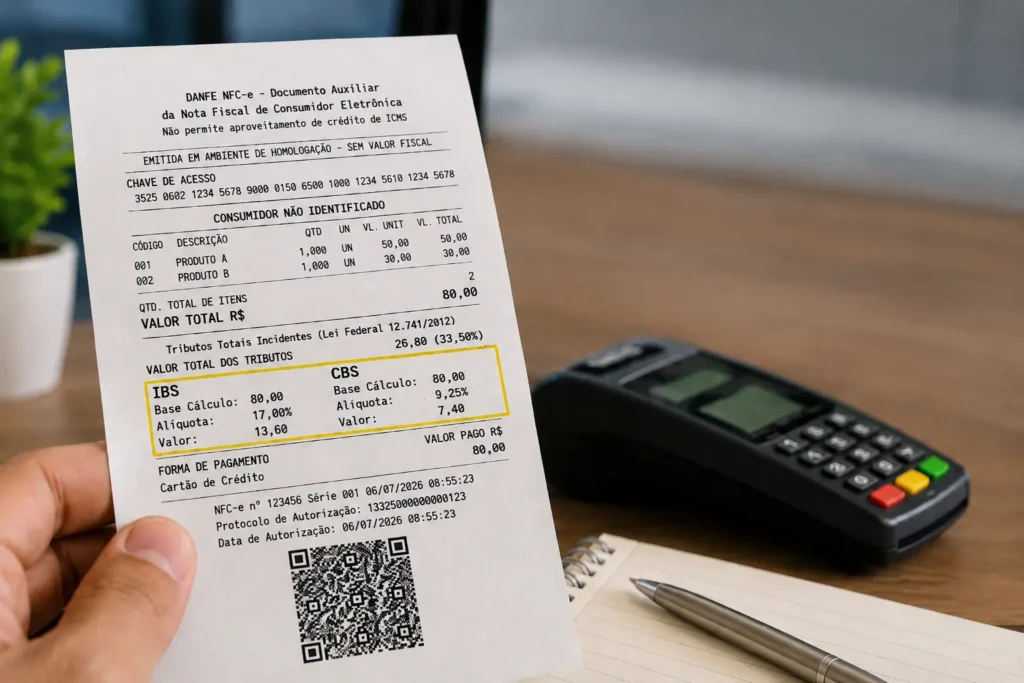 Mão segurando nota fiscal impressa com os campos de IBS e CBS destacados, ao lado de uma maquininha de pagamento
