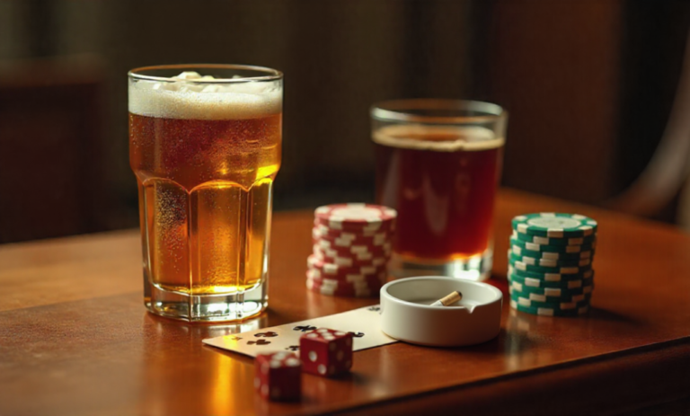 Copos de bebida alcoólica, cigarro em cinzeiro, fichas e dados sobre a mesa, produtos alcançados pelo Imposto Seletivo e hoje tributados pelo IPI