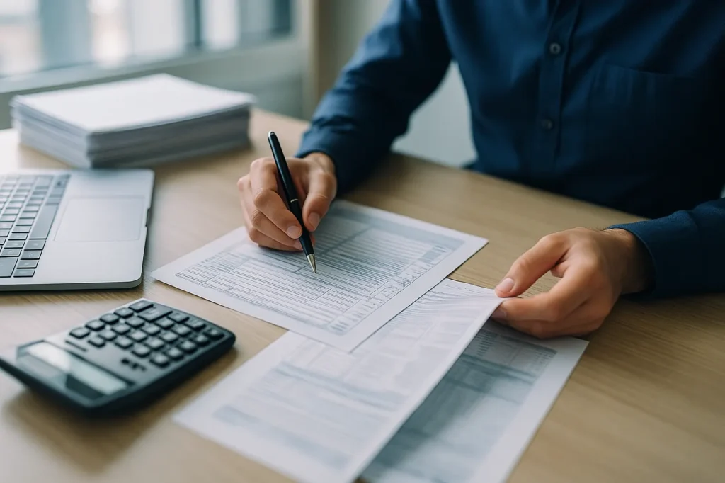 Mãos assinando documentos ao lado de calculadora, ilustrando a contratação de uma empresa de recuperação tributária